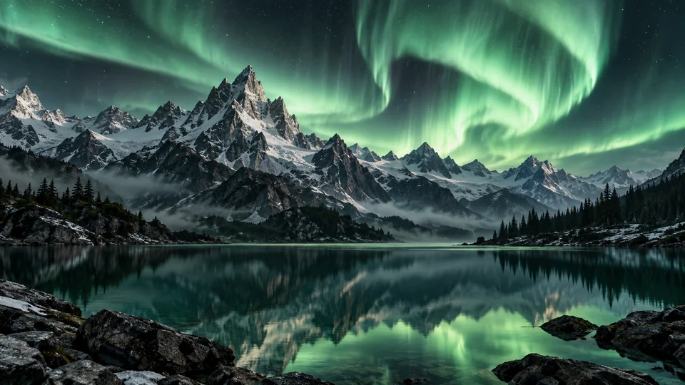 Mint-green aurora sweeping above snow-covered mountain peaks and a still alpine lake